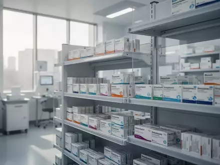 Modernes, aufgeräumtes Lager für medizinische Hilfsmittel und pharmazeutische Produkte in einer hellen Klinik-Umgebung. - Foto: über boerse-global.de