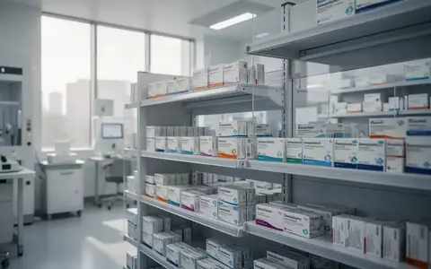 Modernes, aufgeräumtes Lager für medizinische Hilfsmittel und pharmazeutische Produkte in einer hellen Klinik-Umgebung. - Foto: über boerse-global.de