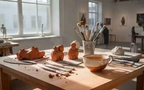Ein heller Kunstatelier-Raum mit Ton, Malutensilien und einer Teetasse auf einem Holztisch bei natürlichem Lichteinfall. - Foto: über boerse-global.de