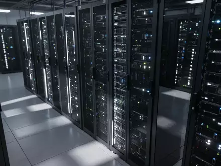 Ein modernes Rechenzentrum mit dunklen Server-Racks und blau leuchtenden LEDs in einer professionellen, technologischen Umgebung. - Foto: über boerse-global.de