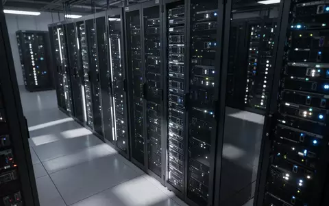 Ein modernes Rechenzentrum mit dunklen Server-Racks und blau leuchtenden LEDs in einer professionellen, technologischen Umgebung. - Foto: über boerse-global.de