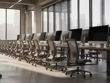 Leere moderne Büroräume mit unbesetzten Arbeitsplätzen und ausgeschalteten Monitoren in einem hellen Bürogebäude. - Foto: über boerse-global.de