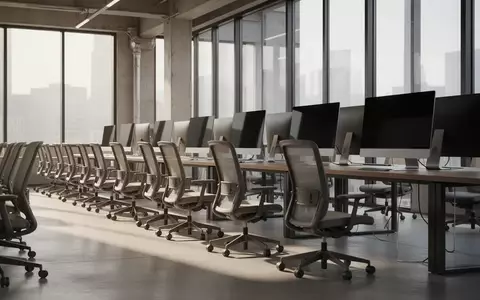 Leere moderne Büroräume mit unbesetzten Arbeitsplätzen und ausgeschalteten Monitoren in einem hellen Bürogebäude. - Foto: über boerse-global.de