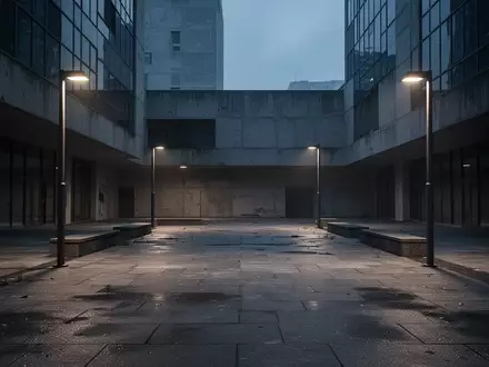Ein leerer, betonierter öffentlicher Platz in der Dämmerung mit langen Schatten und kühler, minimalistischer Architektur. - Foto: über boerse-global.de