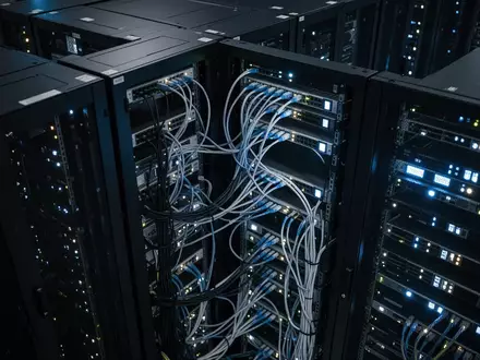 Dunkler Serverraum mit leuchtenden LED-Statusanzeigen an Netzwerkschränken als Symbol für digitale Zahlungsinfrastruktur. - Foto: über boerse-global.de