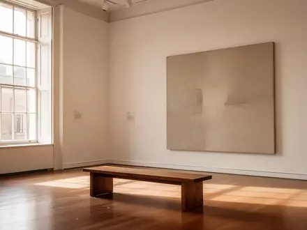Ein heller, minimalistischer Museumsraum mit einer leeren Holzbank vor einem neutralen Kunstwerk. - Foto: über boerse-global.de