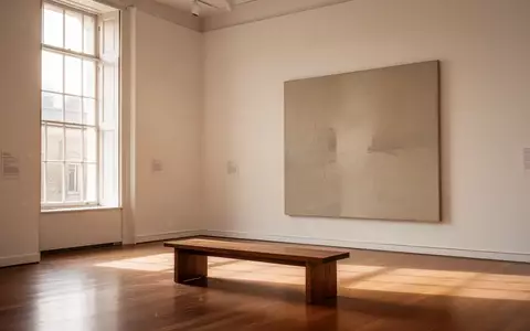 Ein heller, minimalistischer Museumsraum mit einer leeren Holzbank vor einem neutralen Kunstwerk. - Foto: über boerse-global.de