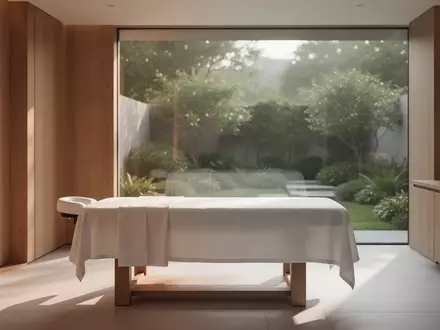 Ein minimalistischer Behandlungsraum in einem Wellness-Resort mit einer leeren Massageliege in natürlichem Licht. - Foto: über boerse-global.de