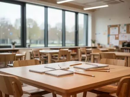Ein leerer, modern eingerichteter Gruppenraum in einem Jugendzentrum mit Holztischen und natürlichem Tageslicht. - Foto: über boerse-global.de