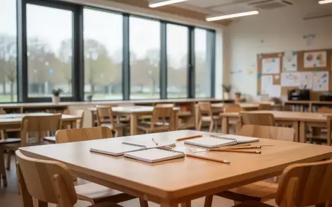 Ein leerer, modern eingerichteter Gruppenraum in einem Jugendzentrum mit Holztischen und natürlichem Tageslicht. - Foto: über boerse-global.de