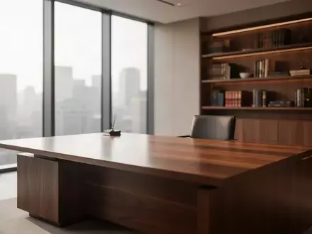 Ein minimalistisches Anwaltsbüro mit leerem Schreibtisch und einfallendem Tageslicht vor unscharfen Bücherregalen. - Foto: über boerse-global.de