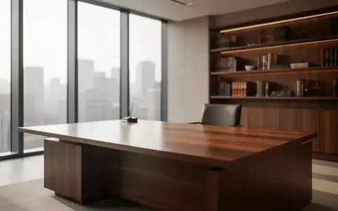 Ein minimalistisches Anwaltsbüro mit leerem Schreibtisch und einfallendem Tageslicht vor unscharfen Bücherregalen. - Foto: über boerse-global.de