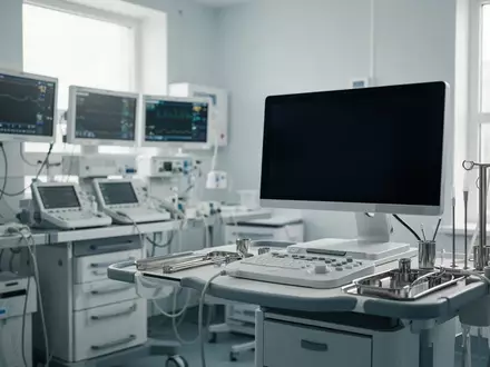 Moderner, unbesetzter Arbeitsplatz in einer medizinischen Diagnoseeinrichtung mit dunklem Monitor und medizinischen Geräten. - Foto: über boerse-global.de