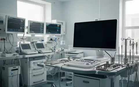 Moderner, unbesetzter Arbeitsplatz in einer medizinischen Diagnoseeinrichtung mit dunklem Monitor und medizinischen Geräten. - Foto: über boerse-global.de