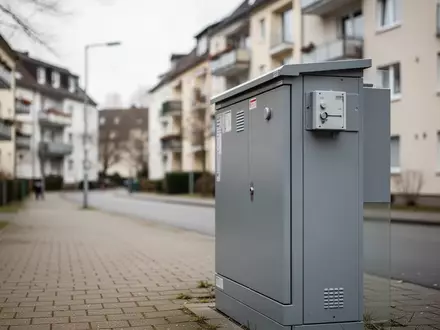 Ein grauer Telekommunikations-Verteilerkasten an einer ruhigen Wohnstraße vor einem Wohnblock. - Foto: über boerse-global.de