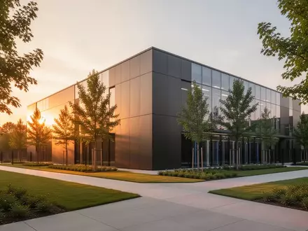Ein modernes Rechenzentrumsgebäude in einer begrünten Umgebung bei Sonnenuntergang. - Foto: über boerse-global.de