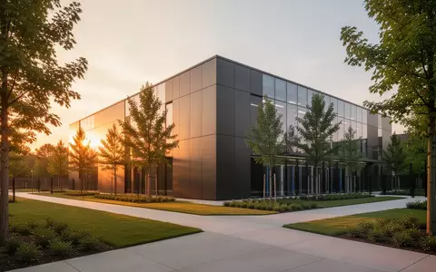 Ein modernes Rechenzentrumsgebäude in einer begrünten Umgebung bei Sonnenuntergang. - Foto: über boerse-global.de