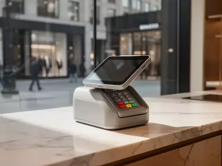 Ein modernes, minimalistisches Zahlungsterminal auf einem Marmortresen in einer hellen, zeitgenössischen Ladenumgebung. - Foto: über boerse-global.de