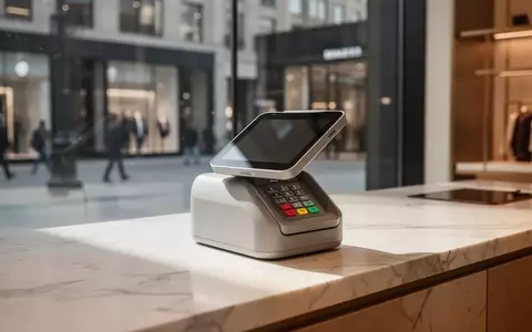 Ein modernes, minimalistisches Zahlungsterminal auf einem Marmortresen in einer hellen, zeitgenössischen Ladenumgebung. - Foto: über boerse-global.de