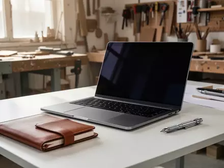 Ein aufgeräumter Schreibtisch in einer Werkstatt mit einem Laptop, dessen Bildschirm ausgeschaltet ist. - Foto: über boerse-global.de
