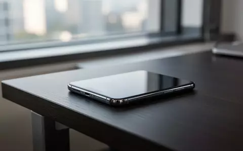 Ein modernes Smartphone liegt auf einem dunklen Holztisch in einem hellen Büro, das Display ist dunkel. - Foto: über boerse-global.de