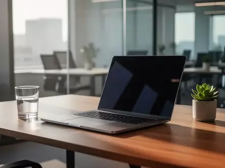 Ein moderner, minimalistischer Büroarbeitsplatz mit einem aufgeklappten Laptop auf einem Schreibtisch aus Holz. - Foto: über boerse-global.de
