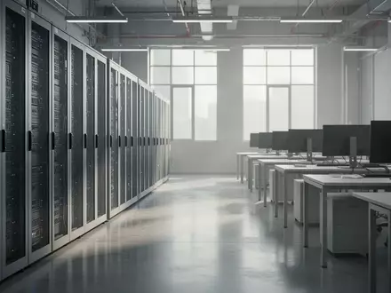 Leerer, moderner Arbeitsbereich mit Servern und dunklen Computerbildschirmen in einem hellen, professionellen Umfeld. - Foto: über boerse-global.de