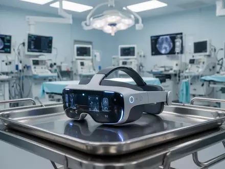 Ein Apple Vision Pro Headset auf einem sterilen Instrumententisch in einem modernen Operationssaal. - Foto: über boerse-global.de