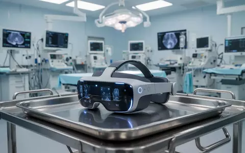 Ein Apple Vision Pro Headset auf einem sterilen Instrumententisch in einem modernen Operationssaal. - Foto: über boerse-global.de