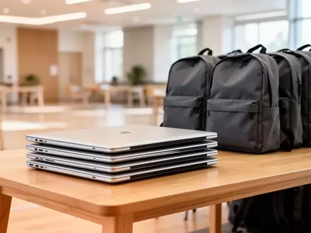 Mehrere geschlossene Laptops und neue Rucksäcke ordentlich auf einem Holztisch in einem hellen Gemeindezentrum arrangiert. - Foto: über boerse-global.de