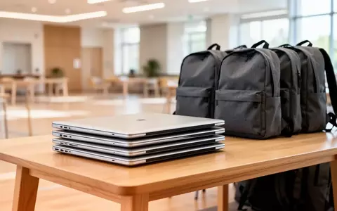 Mehrere geschlossene Laptops und neue Rucksäcke ordentlich auf einem Holztisch in einem hellen Gemeindezentrum arrangiert. - Foto: über boerse-global.de