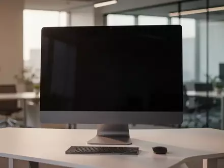 Ein moderner, minimalistischer Arbeitsplatz mit einem ausgeschalteten Desktop-Computer in einem hellen Büro. - Foto: über boerse-global.de
