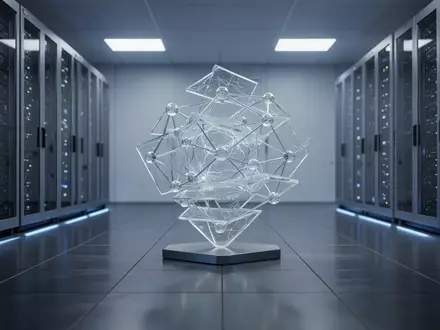 Abstrakte Skulptur aus miteinander verbundenen Glas-Elementen in einem modern beleuchteten Serverraum. - Foto: über boerse-global.de
