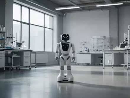Ein kompakter humanoider Roboter steht in einer modernen, minimalistischen Laborumgebung. - Foto: über boerse-global.de