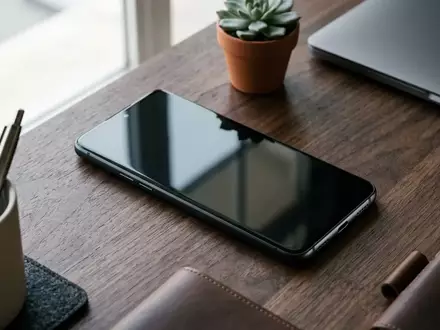 Ein modernes Android-Smartphone mit gesperrtem Bildschirm liegt auf einem dunklen Holztisch. - Foto: über boerse-global.de