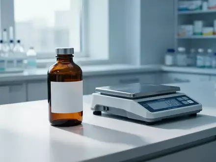 Eine braune Medizinflasche und eine digitale Laborwaage auf einem sterilen Labortisch in einer Apotheke. - Foto: über boerse-global.de