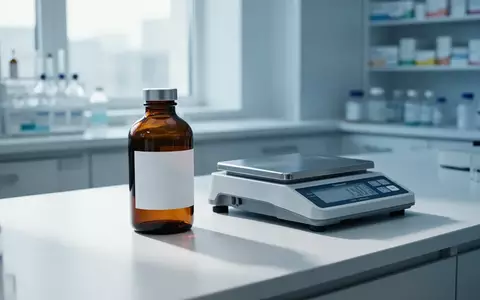 Eine braune Medizinflasche und eine digitale Laborwaage auf einem sterilen Labortisch in einer Apotheke. - Foto: über boerse-global.de