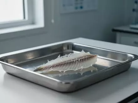 Ein aufbereitetes, durchscheinendes Stück Kabeljauhaut liegt als biologisches Gerüst auf einem sterilen medizinischen Tablett. - Foto: über boerse-global.de