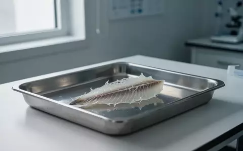Ein aufbereitetes, durchscheinendes Stück Kabeljauhaut liegt als biologisches Gerüst auf einem sterilen medizinischen Tablett. - Foto: über boerse-global.de