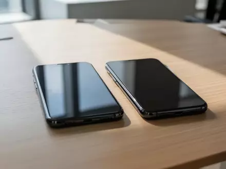 Zwei moderne Smartphones liegen nebeneinander auf einem minimalistischen Schreibtisch in einem hellen Büro. - Foto: über boerse-global.de