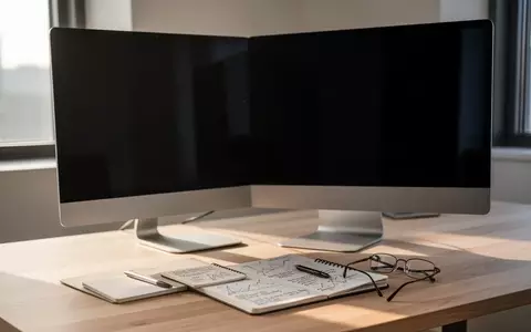 Ein minimalistischer Büroarbeitsplatz mit einem ausgeschalteten Monitor, Notizbuch und Brille auf einem Holztisch. - Foto: über boerse-global.de