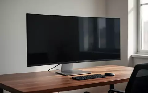 Ein minimalistischer, moderner Arbeitsplatz mit einem großen, dunklen Monitor auf einem Schreibtisch bei Tageslicht. - Foto: über boerse-global.de