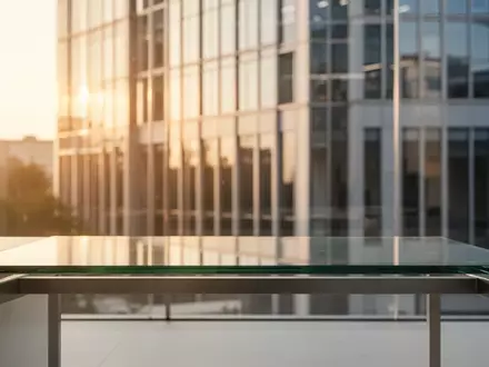 Moderner, minimalistischer Schreibtisch vor einem unscharfen modernen Bürogebäude bei Tageslicht. - Foto: über boerse-global.de