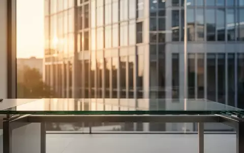 Moderner, minimalistischer Schreibtisch vor einem unscharfen modernen Bürogebäude bei Tageslicht. - Foto: über boerse-global.de