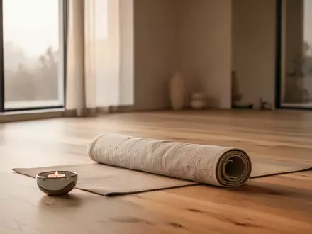 Minimalistischer, lichtdurchfluteter Raum eines Yogastudios mit einer zusammengerollten Matte und sanftem Tageslicht. - Foto: über boerse-global.de