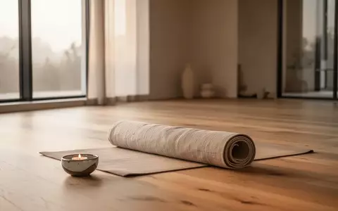 Minimalistischer, lichtdurchfluteter Raum eines Yogastudios mit einer zusammengerollten Matte und sanftem Tageslicht. - Foto: über boerse-global.de