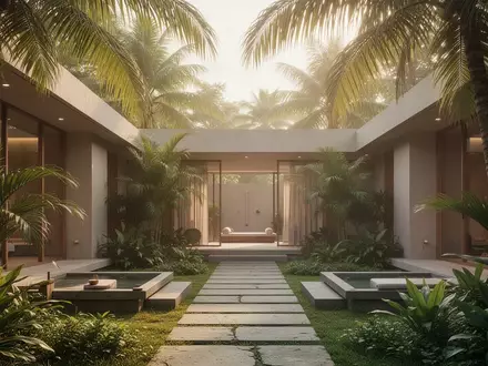 Moderner, ruhiger Innenhof einer Wellness-Einrichtung in Kerala mit üppiger tropischer Bepflanzung und natürlichem Licht. - Foto: über boerse-global.de