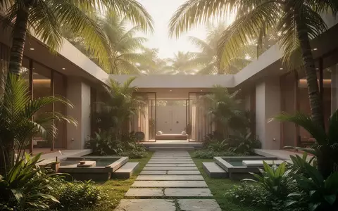 Moderner, ruhiger Innenhof einer Wellness-Einrichtung in Kerala mit üppiger tropischer Bepflanzung und natürlichem Licht. - Foto: über boerse-global.de