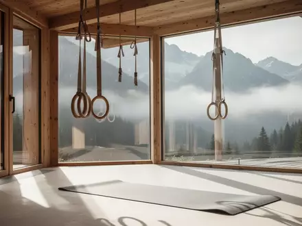 Ein minimalistischer Fitnessraum in einem Alpenresort mit Blick auf die Berge, helles Tageslicht und Sportgeräte. - Foto: über boerse-global.de