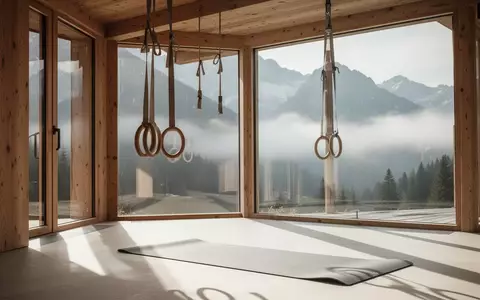 Ein minimalistischer Fitnessraum in einem Alpenresort mit Blick auf die Berge, helles Tageslicht und Sportgeräte. - Foto: über boerse-global.de